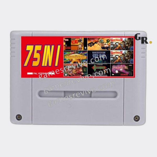 Super 75 en 1 version EUR — cartouche Super Nintendo avec pile de sauvegarde