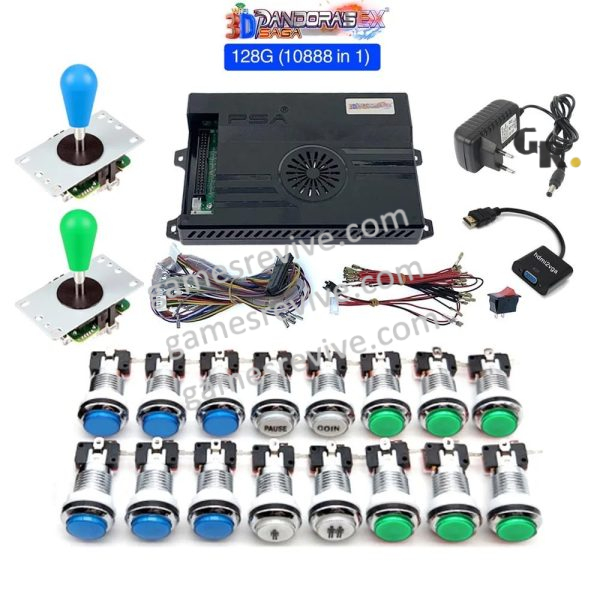 Kit borne d'arcade Pandora Saga EX2 — joysticks et boutons LED, 10 888 jeux — Bleu et vert Kit borne d'arcade Pandora Saga EX2 — joysticks et boutons LED, 10 888 jeux