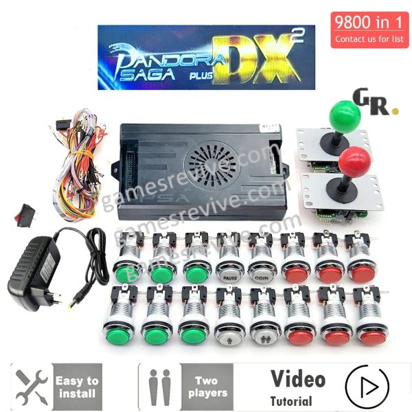 Kit borne d'arcade Pandora Saga DX — boutons LED argent, 4 joueurs, 9 800 jeux — Rouge et vert Kit borne d'arcade Pandora Saga DX — boutons LED argent, 4 joueurs, 9 800 jeux