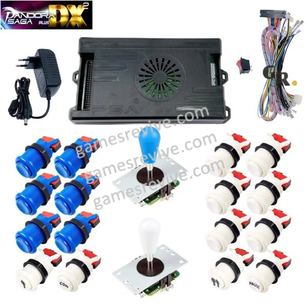 Kit borne d'arcade Pandora Saga DX 2 Plus — joysticks et boutons, 9 800 jeux — Bleu et blanc Kit borne d'arcade Pandora Saga DX 2 Plus — joysticks et boutons, 9 800 jeux