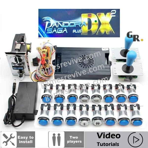Kit borne d'arcade Pandora Saga DX — joysticks SANWA, boutons LED, monnayeur — Tout bleu Kit borne d'arcade Pandora Saga DX — joysticks SANWA, boutons LED, monnayeur