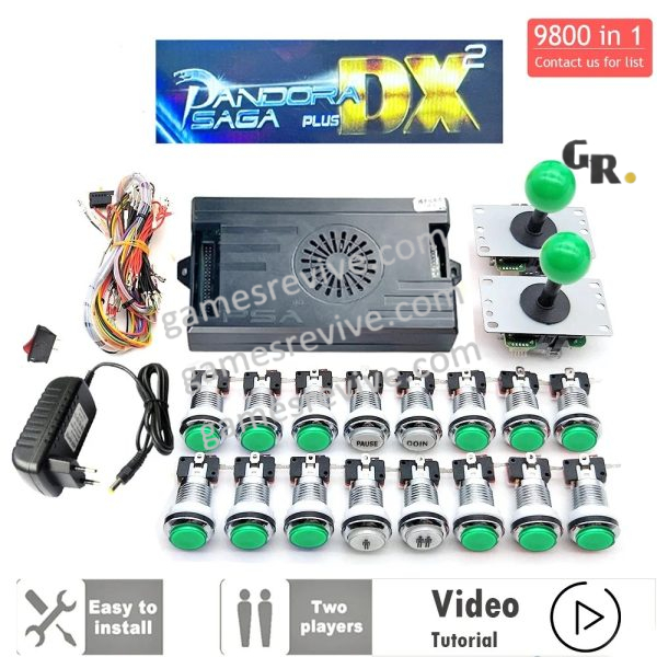 Kit borne d'arcade Pandora Saga DX — boutons LED argent, 4 joueurs, 9 800 jeux — Tout vert Kit borne d'arcade Pandora Saga DX — boutons LED argent, 4 joueurs, 9 800 jeux