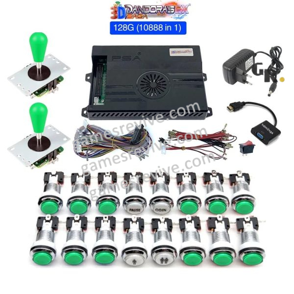 Kit borne d'arcade Pandora Saga EX2 — joysticks et boutons LED, 10 888 jeux — Tout vert Kit borne d'arcade Pandora Saga EX2 — joysticks et boutons LED, 10 888 jeux