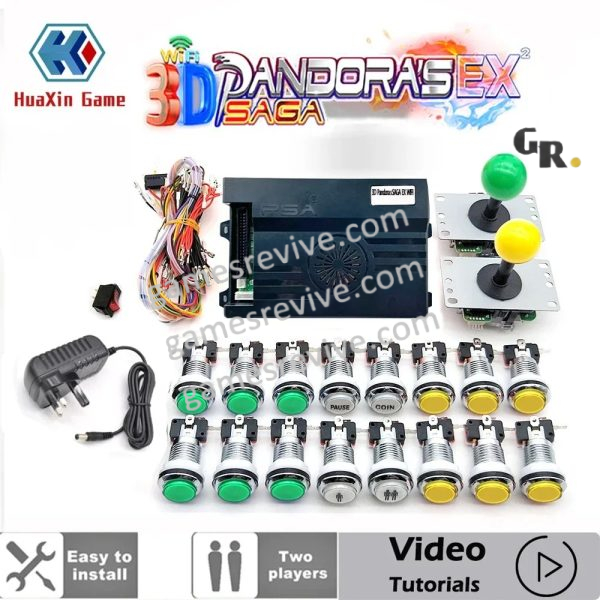 Kit borne Pandora Saga EX 3D — 6 666 jeux, boutons LED chromés 12 V — Vert et jaune Kit borne Pandora Saga EX 3D — 6 666 jeux, boutons LED chromés 12 V