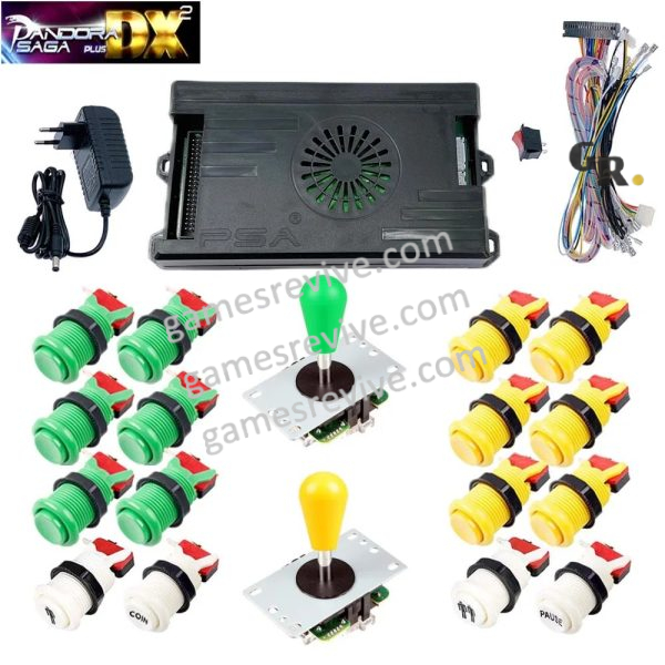 Kit borne d'arcade Pandora Saga DX 2 Plus — joysticks et boutons, 9 800 jeux — Vert et jaune Kit borne d'arcade Pandora Saga DX 2 Plus — joysticks et boutons, 9 800 jeux