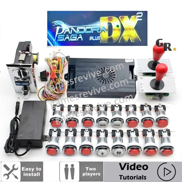 Kit borne d'arcade Pandora Saga DX — joysticks SANWA, boutons LED, monnayeur — Tout rouge Kit borne d'arcade Pandora Saga DX — joysticks SANWA, boutons LED, monnayeur