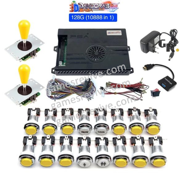 Kit borne d'arcade Pandora Saga EX2 — joysticks et boutons LED, 10 888 jeux — Tout jaune Kit borne d'arcade Pandora Saga EX2 — joysticks et boutons LED, 10 888 jeux