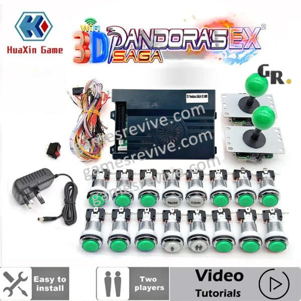 Kit borne Pandora Saga EX 3D — 6 666 jeux, boutons LED chromés 12 V — Tout vert Kit borne Pandora Saga EX 3D — 6 666 jeux, boutons LED chromés 12 V