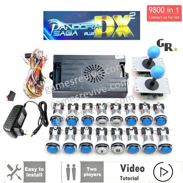 Kit borne d'arcade Pandora Saga DX — boutons LED argent, 4 joueurs, 9 800 jeux — Tout bleu Kit borne d'arcade Pandora Saga DX — boutons LED argent, 4 joueurs, 9 800 jeux