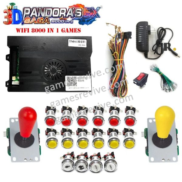 Pandora Saga EX2 3D — 8 000 jeux, carte seule ou kit complet SANWA — Kit rouge et jaune Pandora Saga EX2 3D — 8 000 jeux, carte seule ou kit complet SANWA