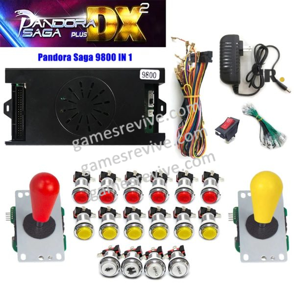 Pandora Saga DX2 — 9 800 jeux, carte seule ou kit complet SANWA — Kit rouge et jaune Pandora Saga DX2 — 9 800 jeux, carte seule ou kit complet SANWA