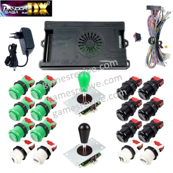 Kit borne d'arcade Pandora Saga DX 2 Plus — joysticks et boutons, 9 800 jeux — Vert et noir Kit borne d'arcade Pandora Saga DX 2 Plus — joysticks et boutons, 9 800 jeux