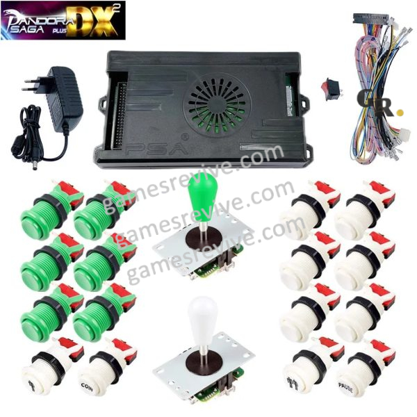 Kit borne d'arcade Pandora Saga DX 2 Plus — joysticks et boutons, 9 800 jeux — Vert et blanc Kit borne d'arcade Pandora Saga DX 2 Plus — joysticks et boutons, 9 800 jeux