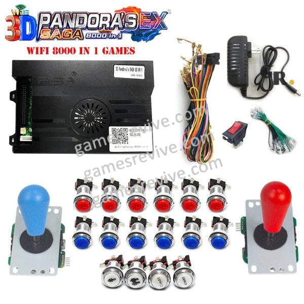 Pandora Saga EX2 3D — 8 000 jeux, carte seule ou kit complet SANWA — Kit rouge et bleu Pandora Saga EX2 3D — 8 000 jeux, carte seule ou kit complet SANWA