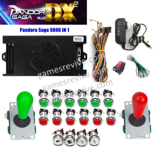 Pandora Saga DX2 — 9 800 jeux, carte seule ou kit complet SANWA — Kit vert et rouge Pandora Saga DX2 — 9 800 jeux, carte seule ou kit complet SANWA