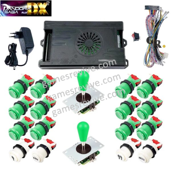 Kit borne d'arcade Pandora Saga DX 2 Plus — joysticks et boutons, 9 800 jeux — Tout vert Kit borne d'arcade Pandora Saga DX 2 Plus — joysticks et boutons, 9 800 jeux