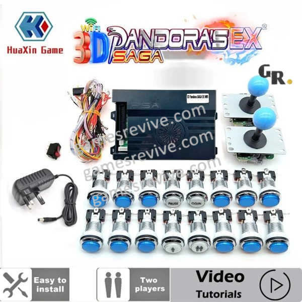 Kit borne Pandora Saga EX 3D — 6 666 jeux, boutons LED chromés 12 V — Tout bleu Kit borne Pandora Saga EX 3D — 6 666 jeux, boutons LED chromés 12 V