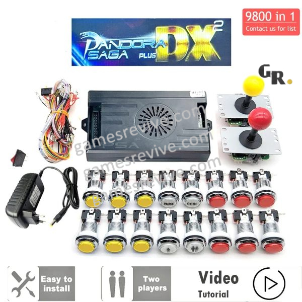 Kit borne d'arcade Pandora Saga DX — boutons LED argent, 4 joueurs, 9 800 jeux — Rouge et jaune Kit borne d'arcade Pandora Saga DX — boutons LED argent, 4 joueurs, 9 800 jeux