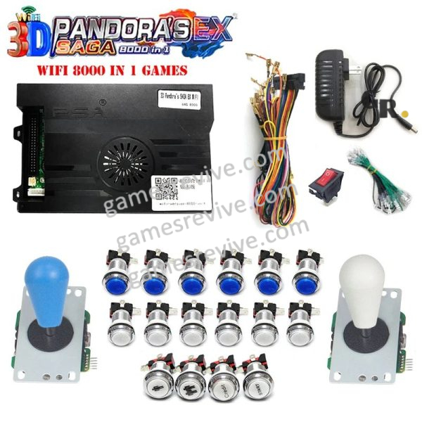 Pandora Saga EX2 3D — 8 000 jeux, carte seule ou kit complet SANWA — Kit bleu et blanc Pandora Saga EX2 3D — 8 000 jeux, carte seule ou kit complet SANWA