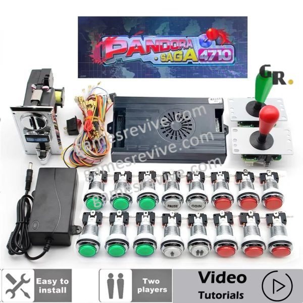 Kit borne d'arcade Pandora Saga — 4 710 jeux, SANWA et boutons LED — Rouge et vert Kit borne d'arcade Pandora Saga — 4 710 jeux, SANWA et boutons LED