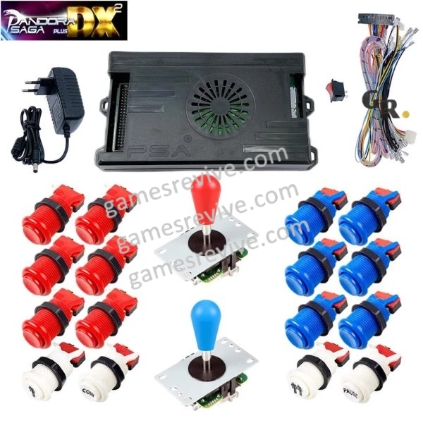 Kit borne d'arcade Pandora Saga DX 2 Plus — joysticks et boutons, 9 800 jeux — Rouge et bleu Kit borne d'arcade Pandora Saga DX 2 Plus — joysticks et boutons, 9 800 jeux
