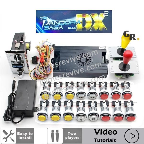 Kit borne d'arcade Pandora Saga DX — joysticks SANWA, boutons LED, monnayeur — Jaune et rouge Kit borne d'arcade Pandora Saga DX — joysticks SANWA, boutons LED, monnayeur