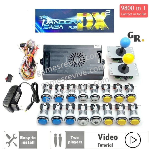 Kit borne d'arcade Pandora Saga DX — boutons LED argent, 4 joueurs, 9 800 jeux — Bleu et jaune Kit borne d'arcade Pandora Saga DX — boutons LED argent, 4 joueurs, 9 800 jeux