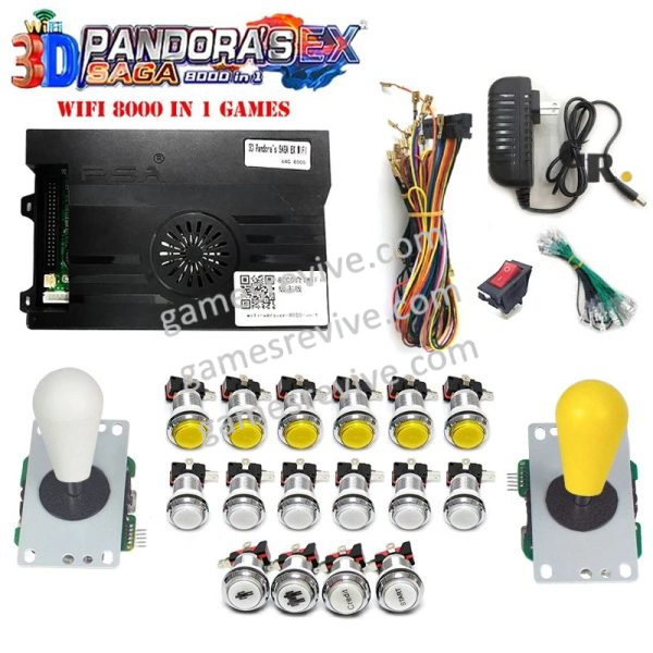 Pandora Saga EX2 3D — 8 000 jeux, carte seule ou kit complet SANWA — Kit jaune et blanc Pandora Saga EX2 3D — 8 000 jeux, carte seule ou kit complet SANWA