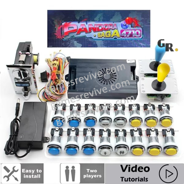Kit borne d'arcade Pandora Saga — 4 710 jeux, SANWA et boutons LED — Bleu et jaune Kit borne d'arcade Pandora Saga — 4 710 jeux, SANWA et boutons LED