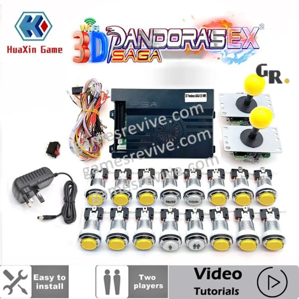 Kit borne Pandora Saga EX 3D — 6 666 jeux, boutons LED chromés 12 V — Tout jaune Kit borne Pandora Saga EX 3D — 6 666 jeux, boutons LED chromés 12 V