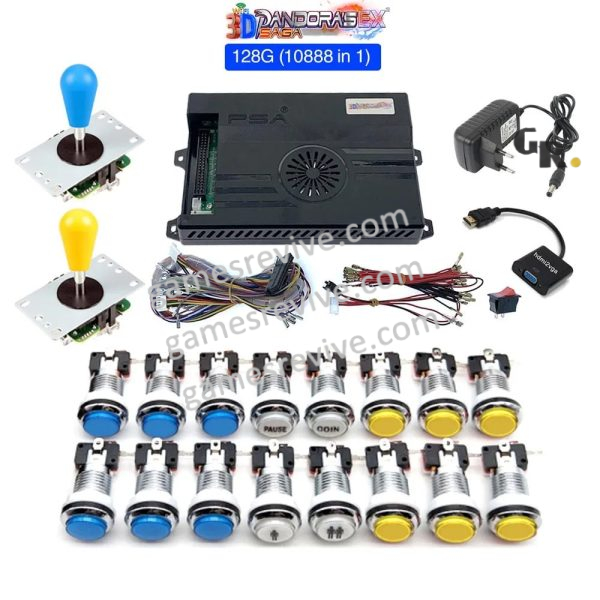 Kit borne d'arcade Pandora Saga EX2 — joysticks et boutons LED, 10 888 jeux — Bleu et jaune Kit borne d'arcade Pandora Saga EX2 — joysticks et boutons LED, 10 888 jeux