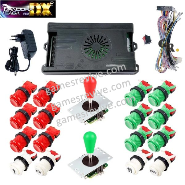 Kit borne d'arcade Pandora Saga DX 2 Plus — joysticks et boutons, 9 800 jeux — Rouge et vert Kit borne d'arcade Pandora Saga DX 2 Plus — joysticks et boutons, 9 800 jeux