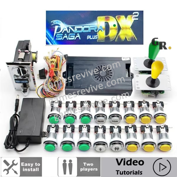 Kit borne d'arcade Pandora Saga DX — joysticks SANWA, boutons LED, monnayeur — Vert et jaune Kit borne d'arcade Pandora Saga DX — joysticks SANWA, boutons LED, monnayeur