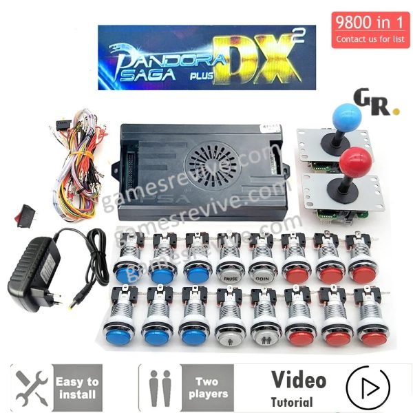Kit borne d'arcade Pandora Saga DX — boutons LED argent, 4 joueurs, 9 800 jeux — Rouge et bleu Kit borne d'arcade Pandora Saga DX — boutons LED argent, 4 joueurs, 9 800 jeux