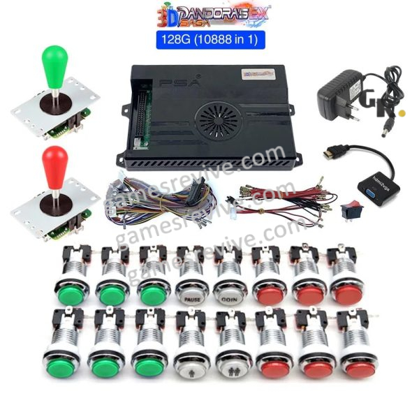 Kit borne d'arcade Pandora Saga EX2 — joysticks et boutons LED, 10 888 jeux — Vert et rouge Kit borne d'arcade Pandora Saga EX2 — joysticks et boutons LED, 10 888 jeux