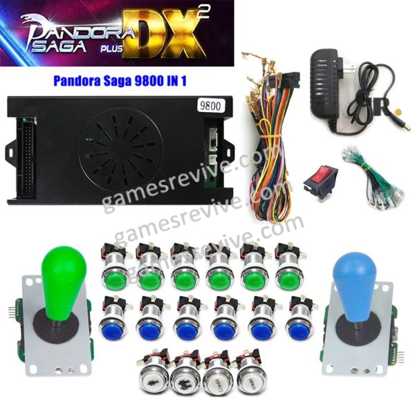 Pandora Saga DX2 — 9 800 jeux, carte seule ou kit complet SANWA — Kit vert et bleu Pandora Saga DX2 — 9 800 jeux, carte seule ou kit complet SANWA