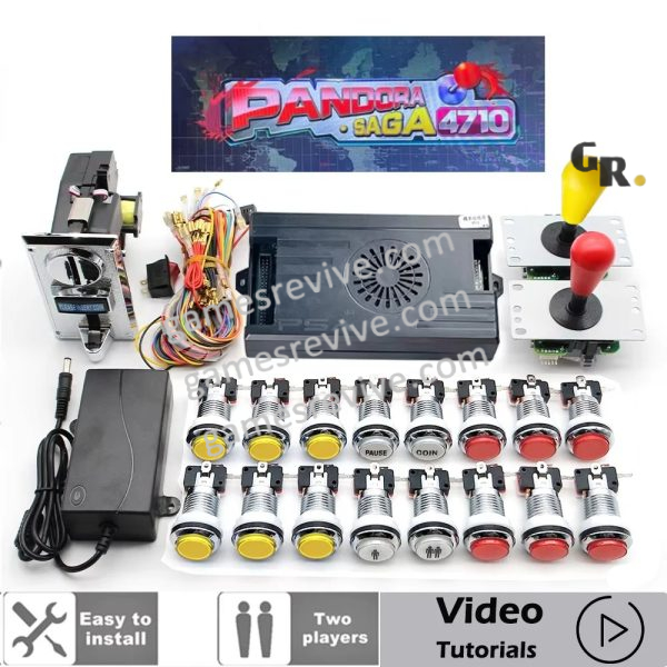 Kit borne d'arcade Pandora Saga — 4 710 jeux, SANWA et boutons LED — Rouge et jaune Kit borne d'arcade Pandora Saga — 4 710 jeux, SANWA et boutons LED