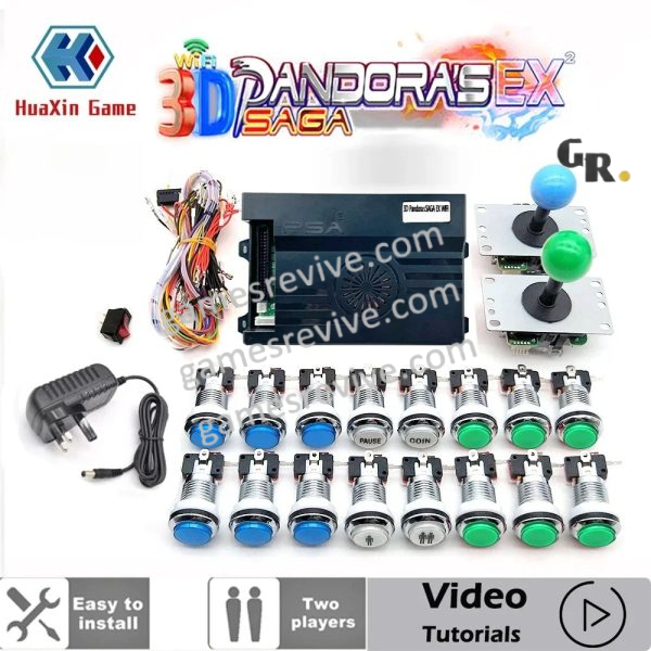 Kit borne Pandora Saga EX 3D — 6 666 jeux, boutons LED chromés 12 V — Bleu et vert Kit borne Pandora Saga EX 3D — 6 666 jeux, boutons LED chromés 12 V