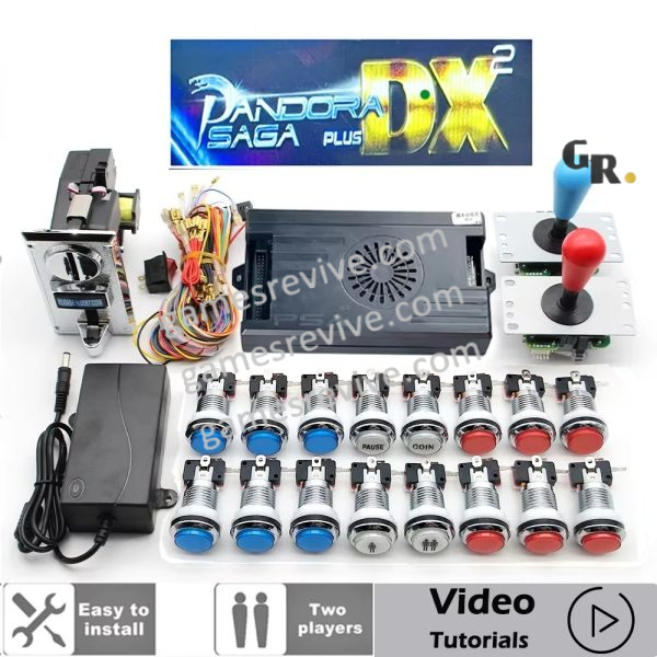 Kit borne d'arcade Pandora Saga DX — joysticks SANWA, boutons LED, monnayeur — Bleu et rouge Kit borne d'arcade Pandora Saga DX — joysticks SANWA, boutons LED, monnayeur