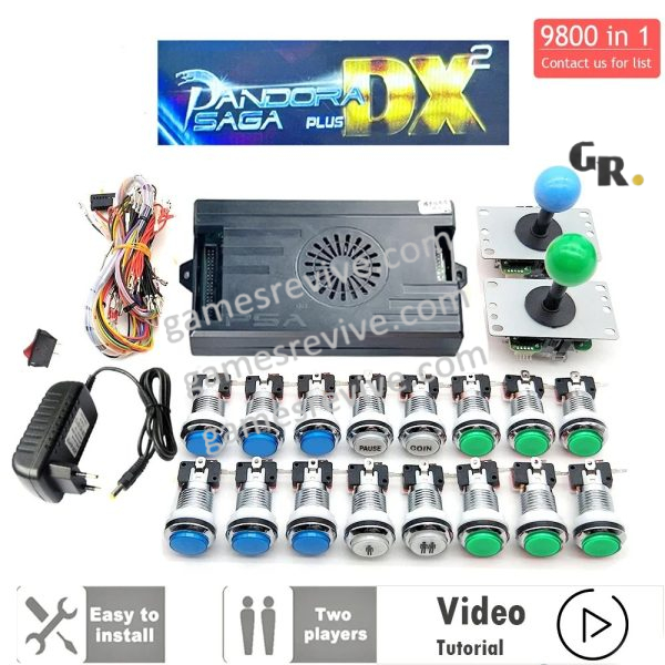 Kit borne d'arcade Pandora Saga DX — boutons LED argent, 4 joueurs, 9 800 jeux — Bleu et vert Kit borne d'arcade Pandora Saga DX — boutons LED argent, 4 joueurs, 9 800 jeux