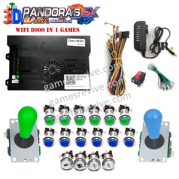 Pandora Saga EX2 3D — 8 000 jeux, carte seule ou kit complet SANWA — Kit vert et bleu Pandora Saga EX2 3D — 8 000 jeux, carte seule ou kit complet SANWA