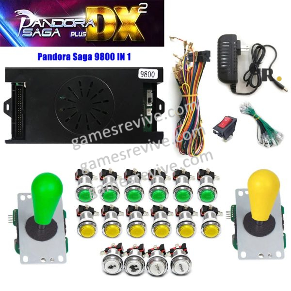 Pandora Saga DX2 — 9 800 jeux, carte seule ou kit complet SANWA — Kit vert et jaune Pandora Saga DX2 — 9 800 jeux, carte seule ou kit complet SANWA
