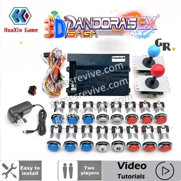 Kit borne Pandora Saga EX 3D — 6 666 jeux, boutons LED chromés 12 V — Bleu et rouge Kit borne Pandora Saga EX 3D — 6 666 jeux, boutons LED chromés 12 V