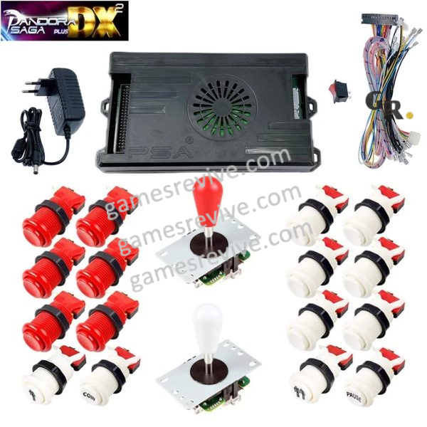Kit borne d'arcade Pandora Saga DX 2 Plus — joysticks et boutons, 9 800 jeux — Rouge et blanc Kit borne d'arcade Pandora Saga DX 2 Plus — joysticks et boutons, 9 800 jeux