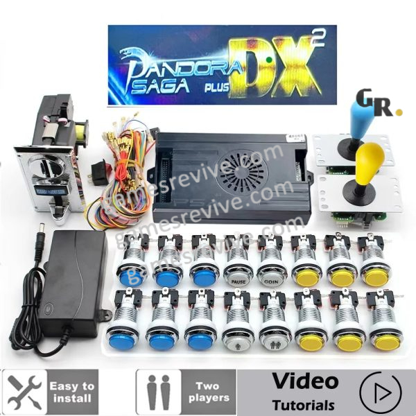 Kit borne d'arcade Pandora Saga DX — joysticks SANWA, boutons LED, monnayeur — Bleu et jaune Kit borne d'arcade Pandora Saga DX — joysticks SANWA, boutons LED, monnayeur