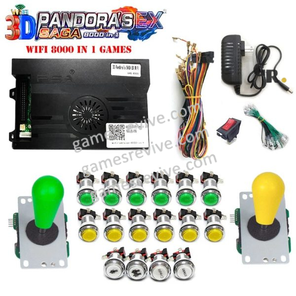 Pandora Saga EX2 3D — 8 000 jeux, carte seule ou kit complet SANWA — Kit vert et jaune Pandora Saga EX2 3D — 8 000 jeux, carte seule ou kit complet SANWA