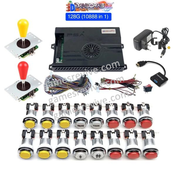 Kit borne d'arcade Pandora Saga EX2 — joysticks et boutons LED, 10 888 jeux — Jaune et rouge Kit borne d'arcade Pandora Saga EX2 — joysticks et boutons LED, 10 888 jeux