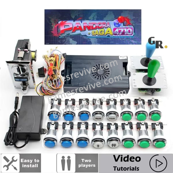 Kit borne d'arcade Pandora Saga — 4 710 jeux, SANWA et boutons LED — Bleu et vert Kit borne d'arcade Pandora Saga — 4 710 jeux, SANWA et boutons LED