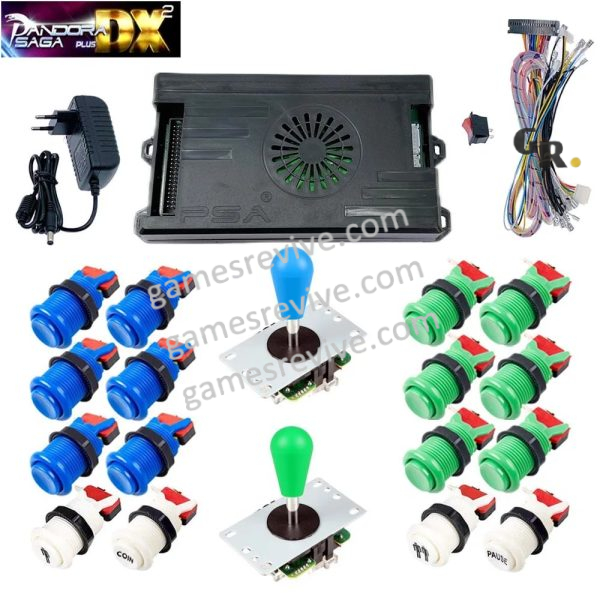 Kit borne d'arcade Pandora Saga DX 2 Plus — joysticks et boutons, 9 800 jeux — Bleu et vert Kit borne d'arcade Pandora Saga DX 2 Plus — joysticks et boutons, 9 800 jeux