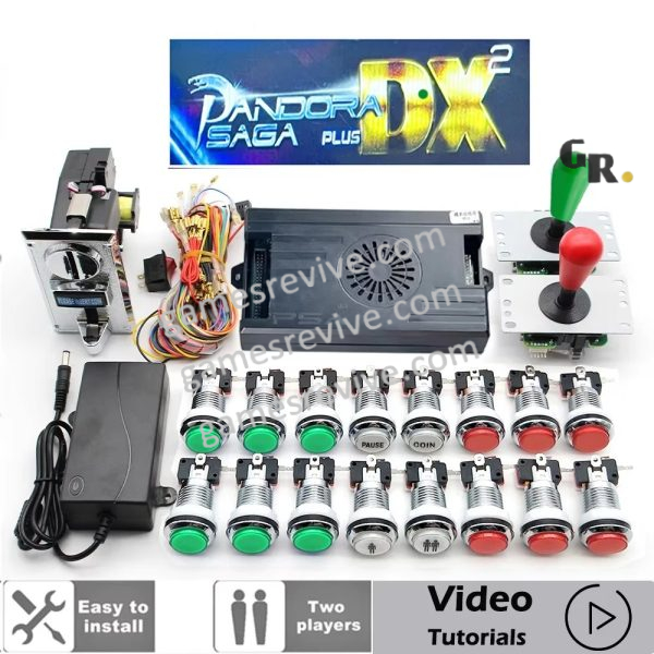 Kit borne d'arcade Pandora Saga DX — joysticks SANWA, boutons LED, monnayeur — Vert et rouge Kit borne d'arcade Pandora Saga DX — joysticks SANWA, boutons LED, monnayeur